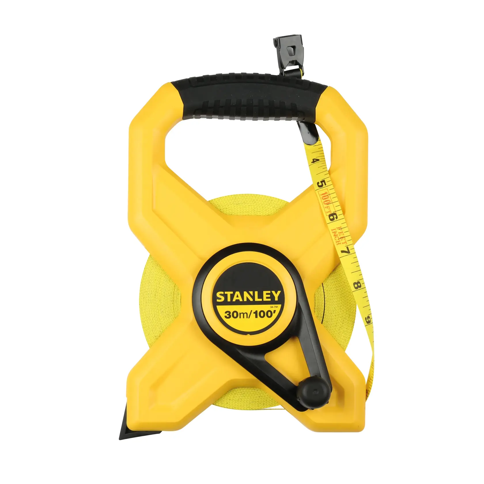 STANLEY 2-34-791 yellow open reel tape measure, black handle, front angle, product photography.