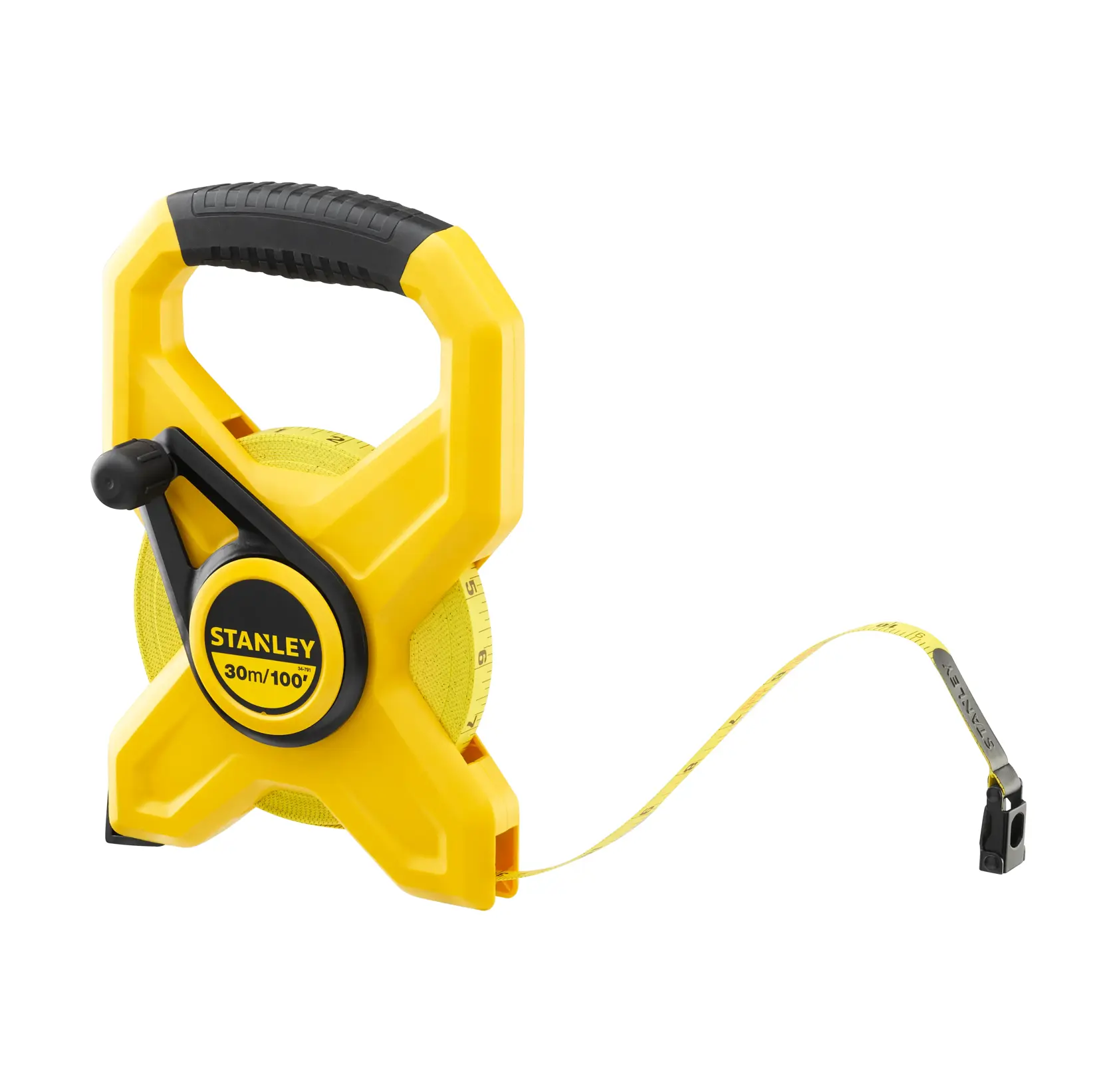 STANLEY 2-34-791 open reel measuring tape, 30m/100ft, yellow and black, front angle on white background.