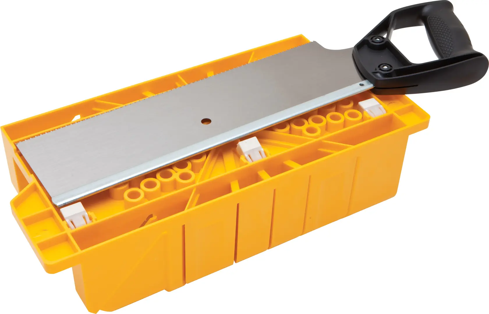 Stanley miter box and saw set side view, yellow plastic box with metal saw and black handle