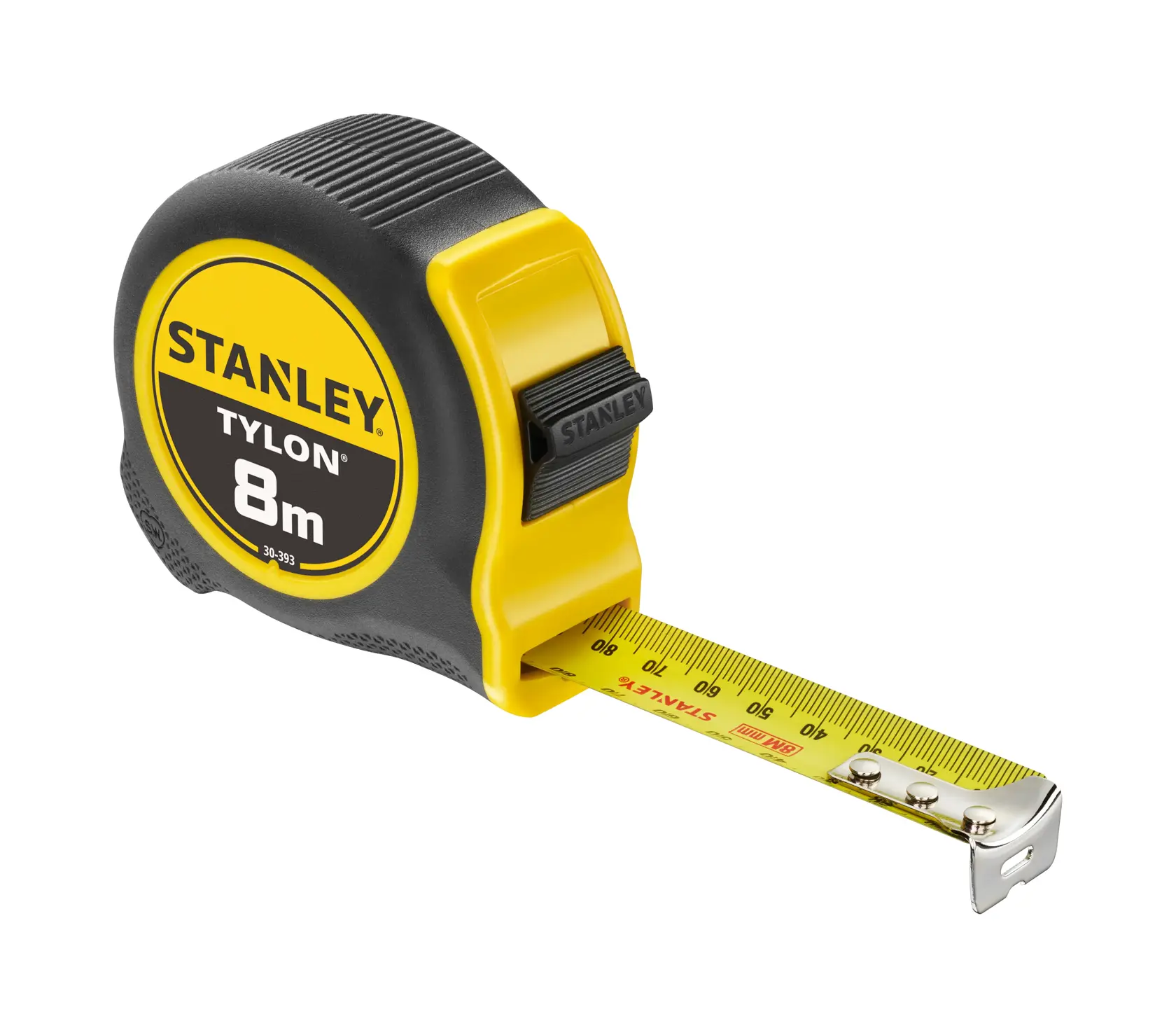 STANLEY 30-393 tape measure, 8m, yellow and black, side angle, extended yellow blade, STANLEY logo visible.