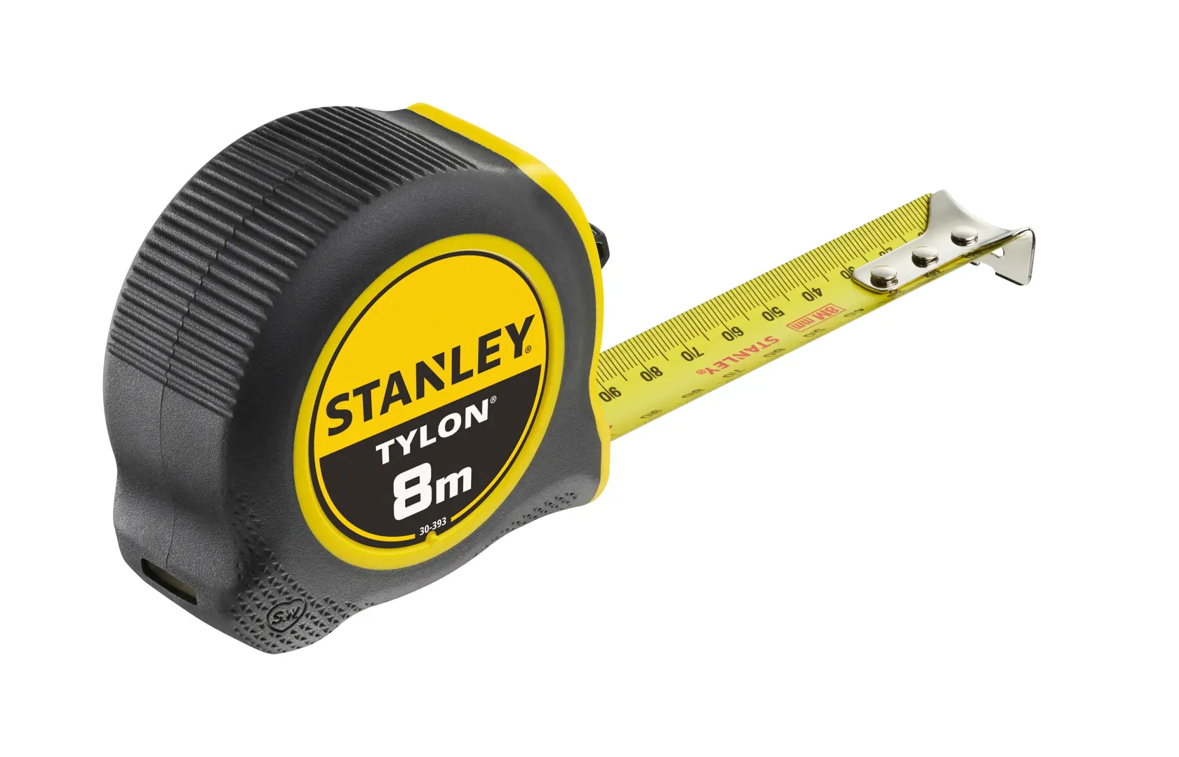 Photo of STANLEY 30-393 Tylon 8m tape measure, black and yellow casing, yellow blade, angled on white background.