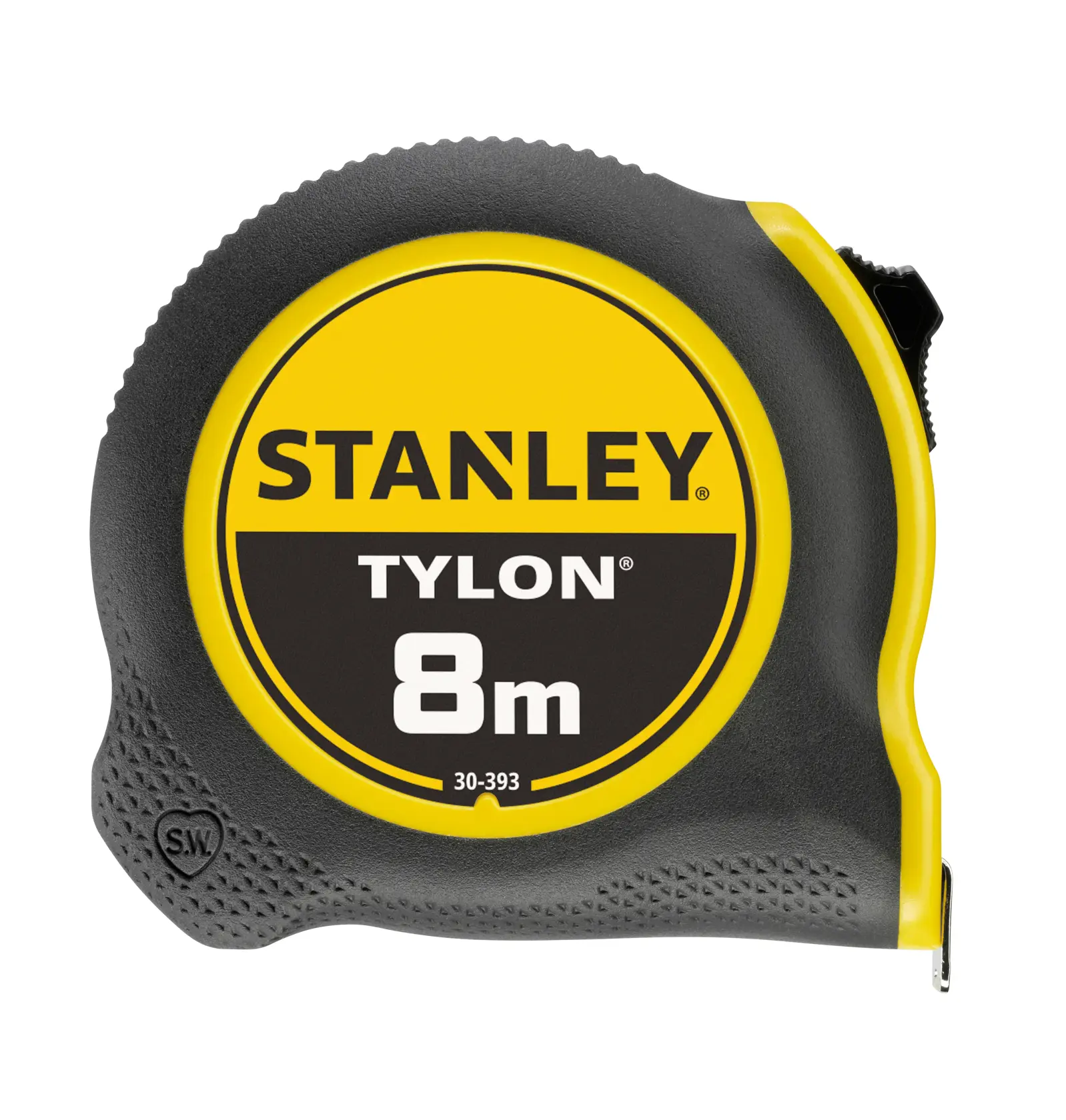 STANLEY 30-393 tape measure Tylon 8m, yellow and black casing, front angle on white background.