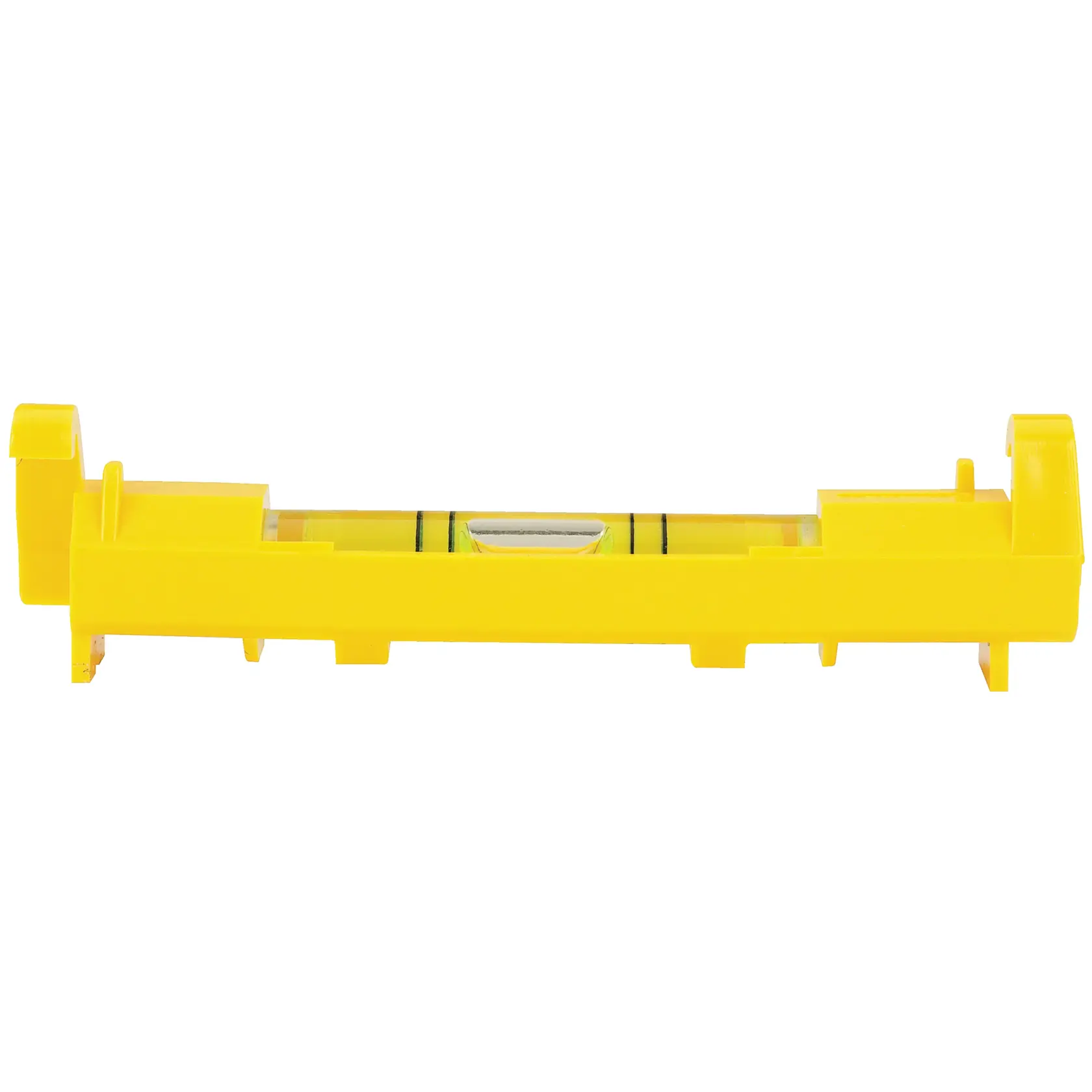 STANLEY 42-193 yellow line level, side view on white background, rectangular body with bubble vial.