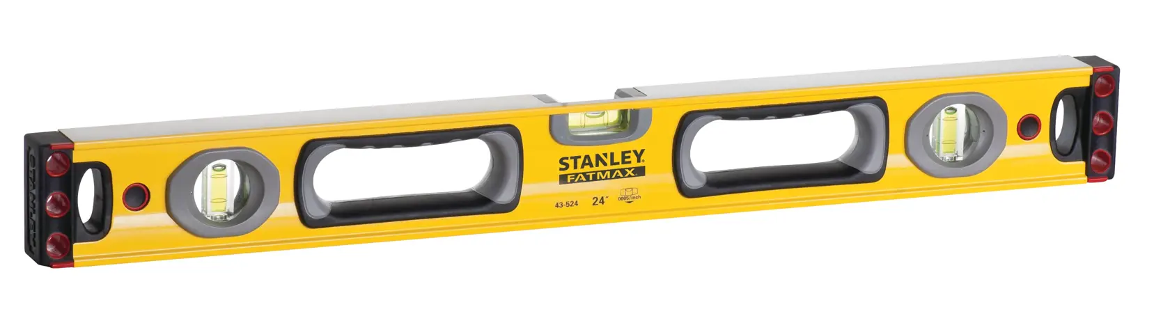 STANLEY 43-524 yellow spirit level with two handles and three vials, product photography on white background.