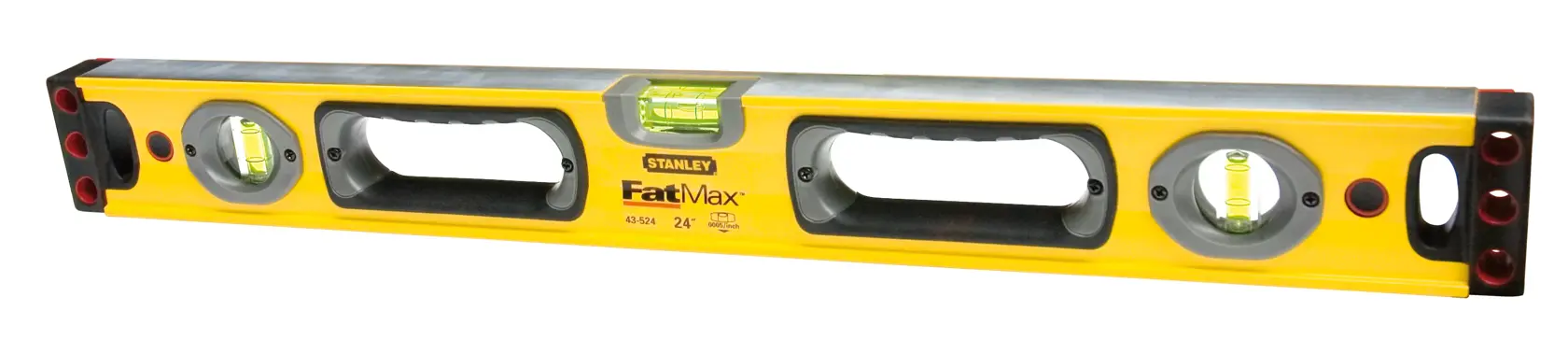 Stanley FatMax 24-inch box level, side view, yellow body with three bubble vials and two grip handles