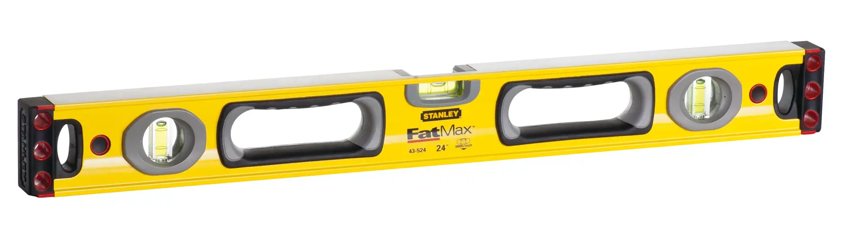 Stanley 43-524 yellow FatMax box level with three vials, top angle, photography.