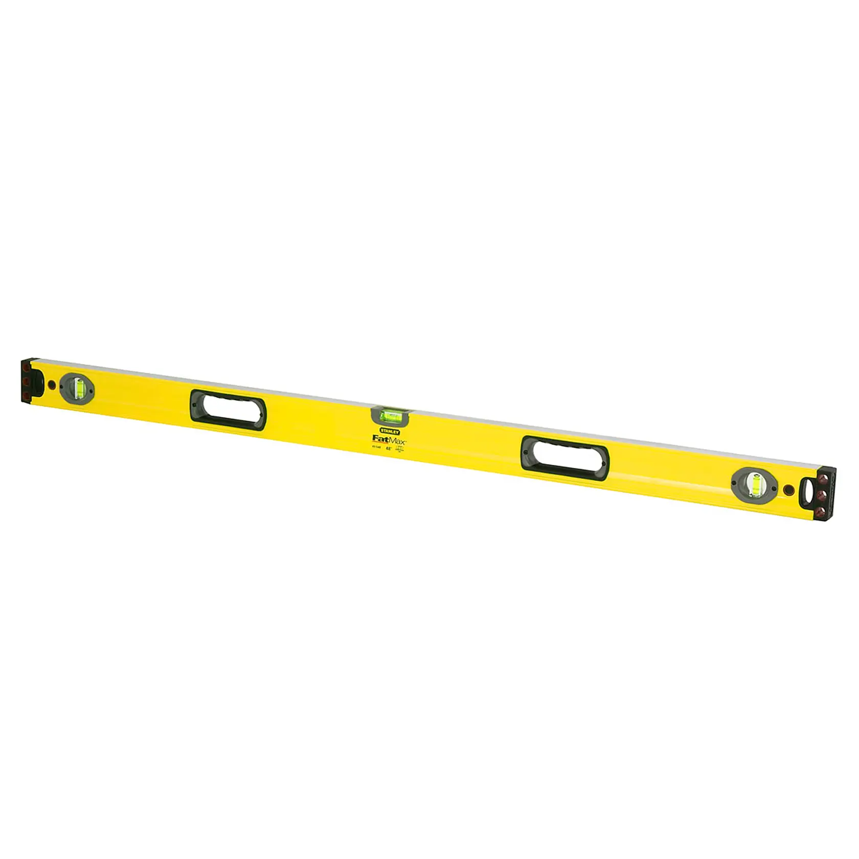 Photo of STANLEY 43-548 yellow box beam level with three vials and two handles, side angle, tool category.