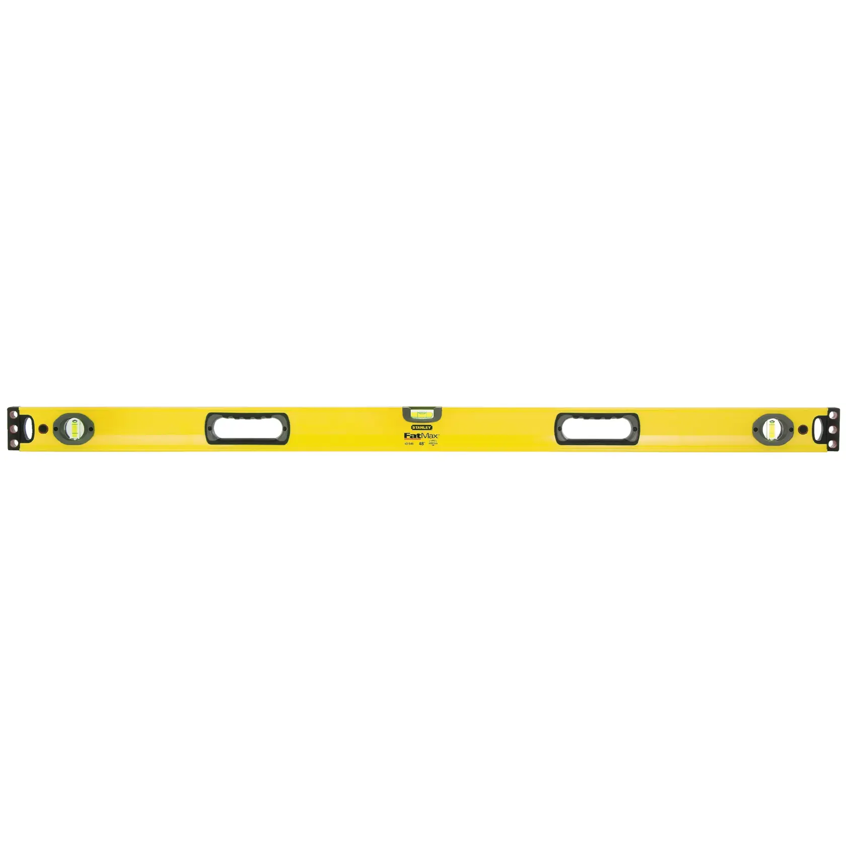 Stanley yellow box level with three vials, two handles, front view on white background