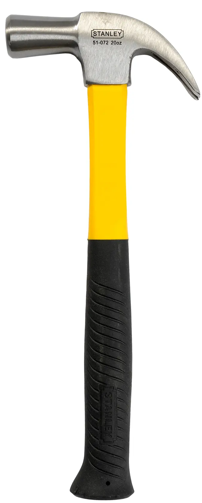 Stanley claw hammer with yellow handle and black grip shown upright against a white background.