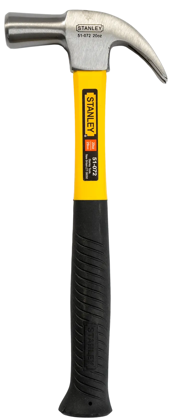 Stanley claw hammer with yellow shaft and black handle, suitable for construction and carpentry work.