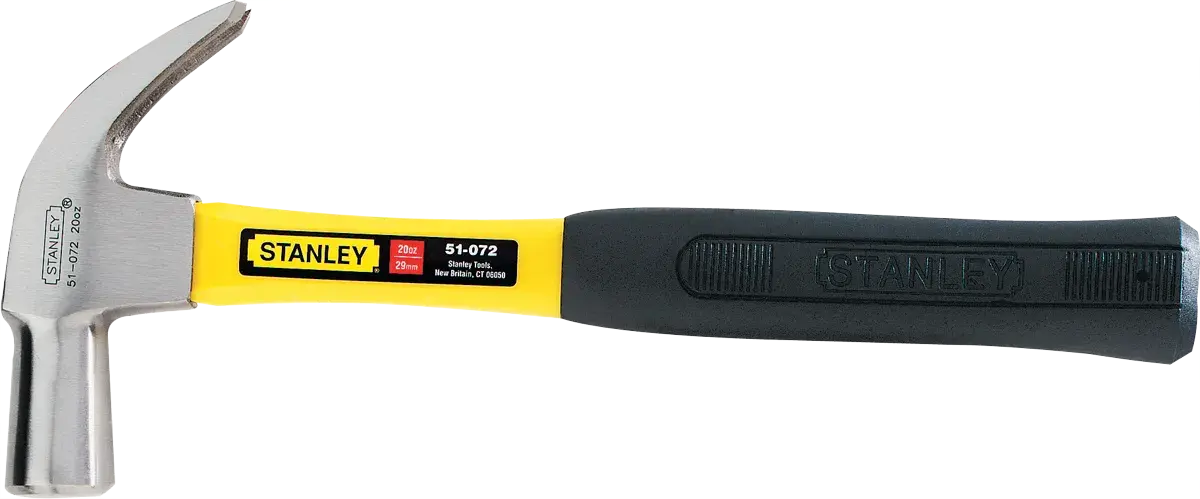 STANLEY 51-072 claw hammer with yellow and black handle, side view on white background.