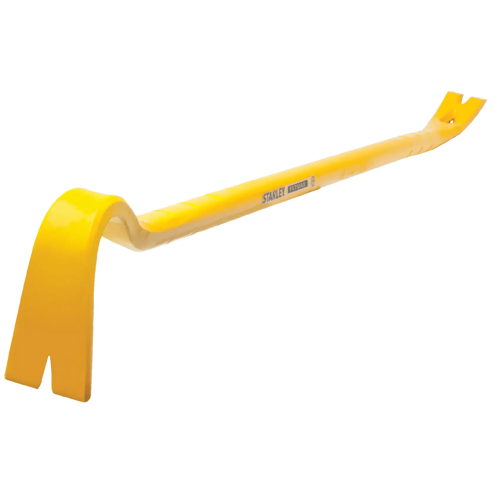Yellow Stanley crowbar tool with angled ends for prying, used in construction and demolition tasks.