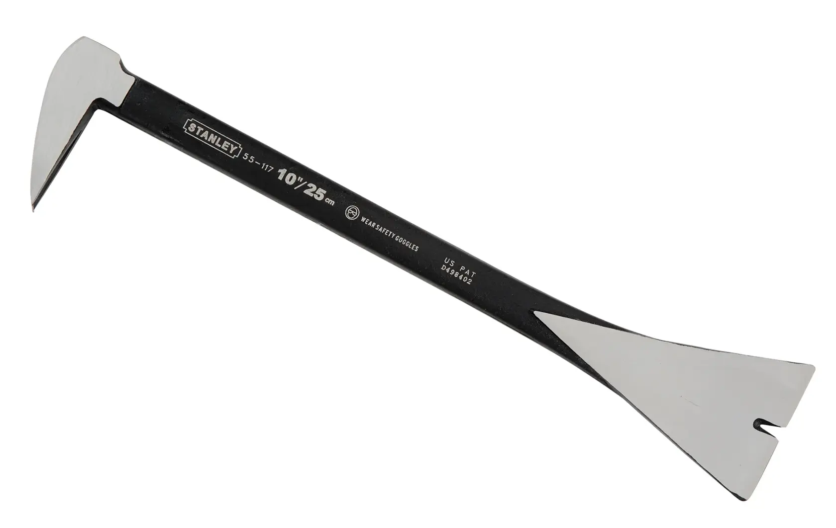 Stanley 55-117 black and silver pry bar with angled and flat ends, designed for demolition or pulling nails.