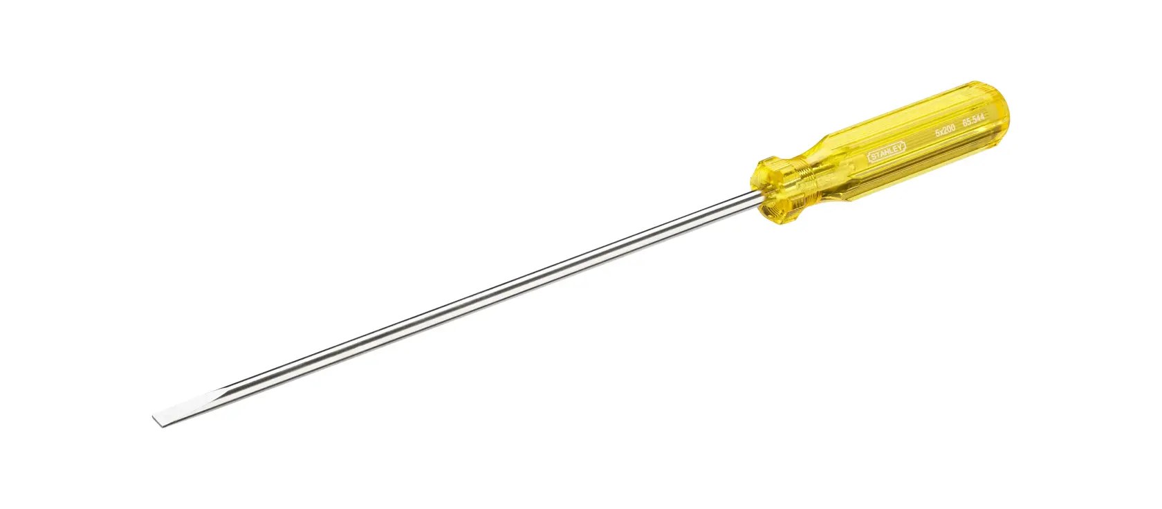 STANLEY 65-544 slotted screwdriver with long chrome shaft and yellow handle, side view on white background.