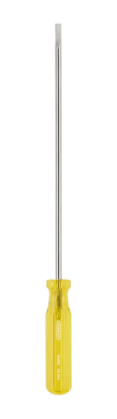 STANLEY 65-544 slotted screwdriver with long chrome shaft and yellow handle, front angle, white background.
