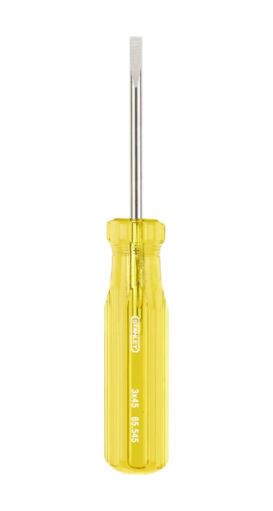 STANLEY 65-545 screwdriver with flat blade and transparent yellow handle, front angle on white background.
