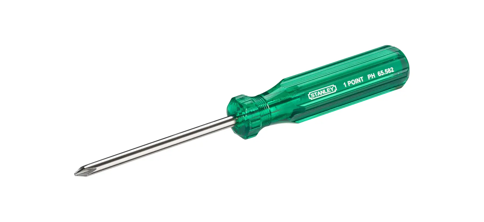 STANLEY 65-582 Phillips screwdriver with green handle, side angle, photography category.
