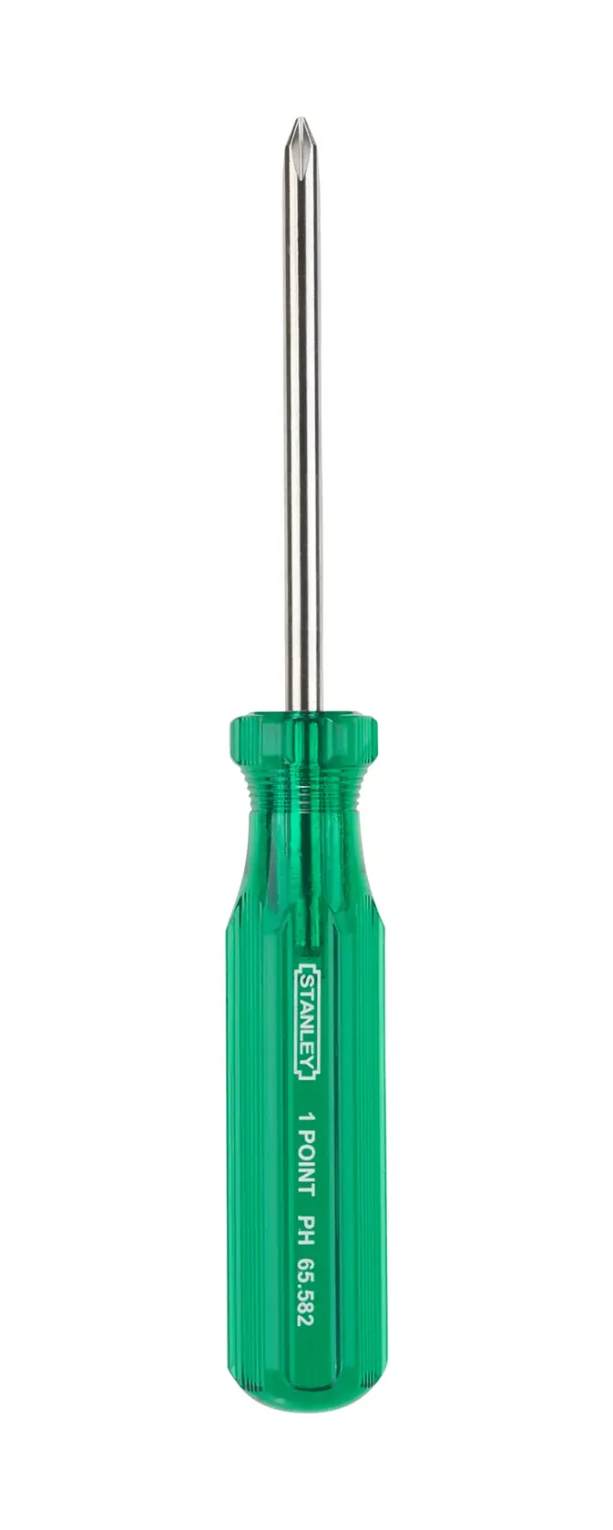 STANLEY 65-582 Phillips screwdriver with green handle, front view, product photography.