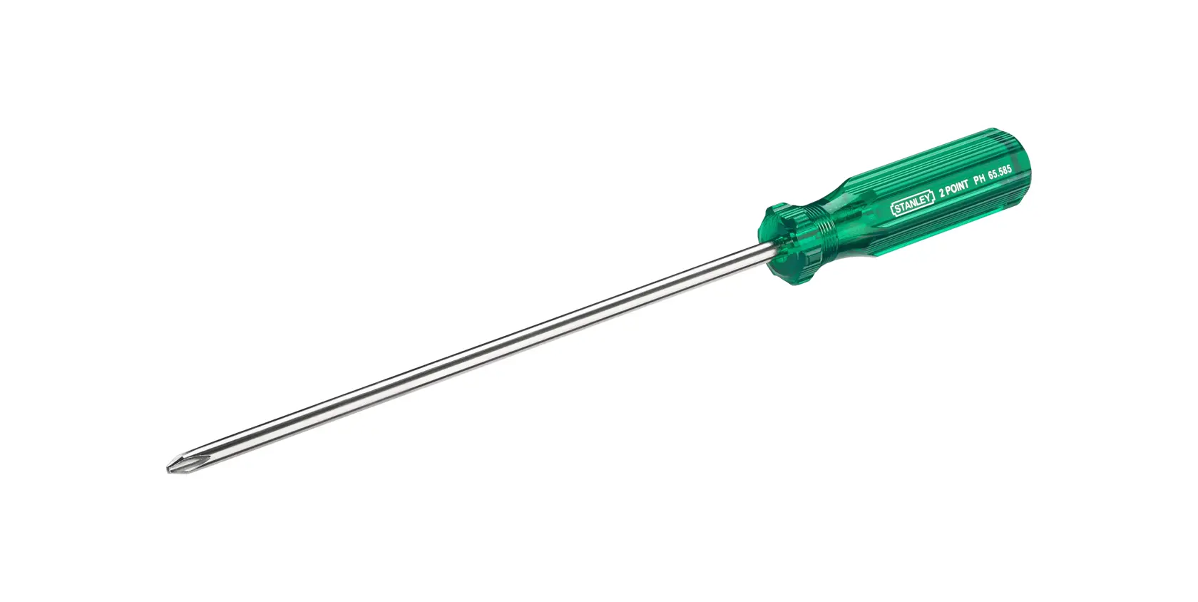STANLEY 65-585 Phillips screwdriver with long chrome shaft and green transparent handle, side angle on white.