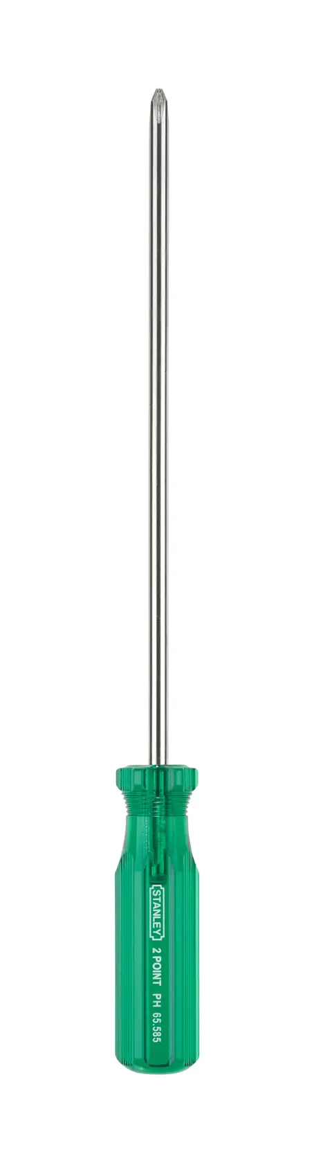STANLEY 65-585 screwdriver photography, green handle, straight-on view, metal shaft, hand tool.