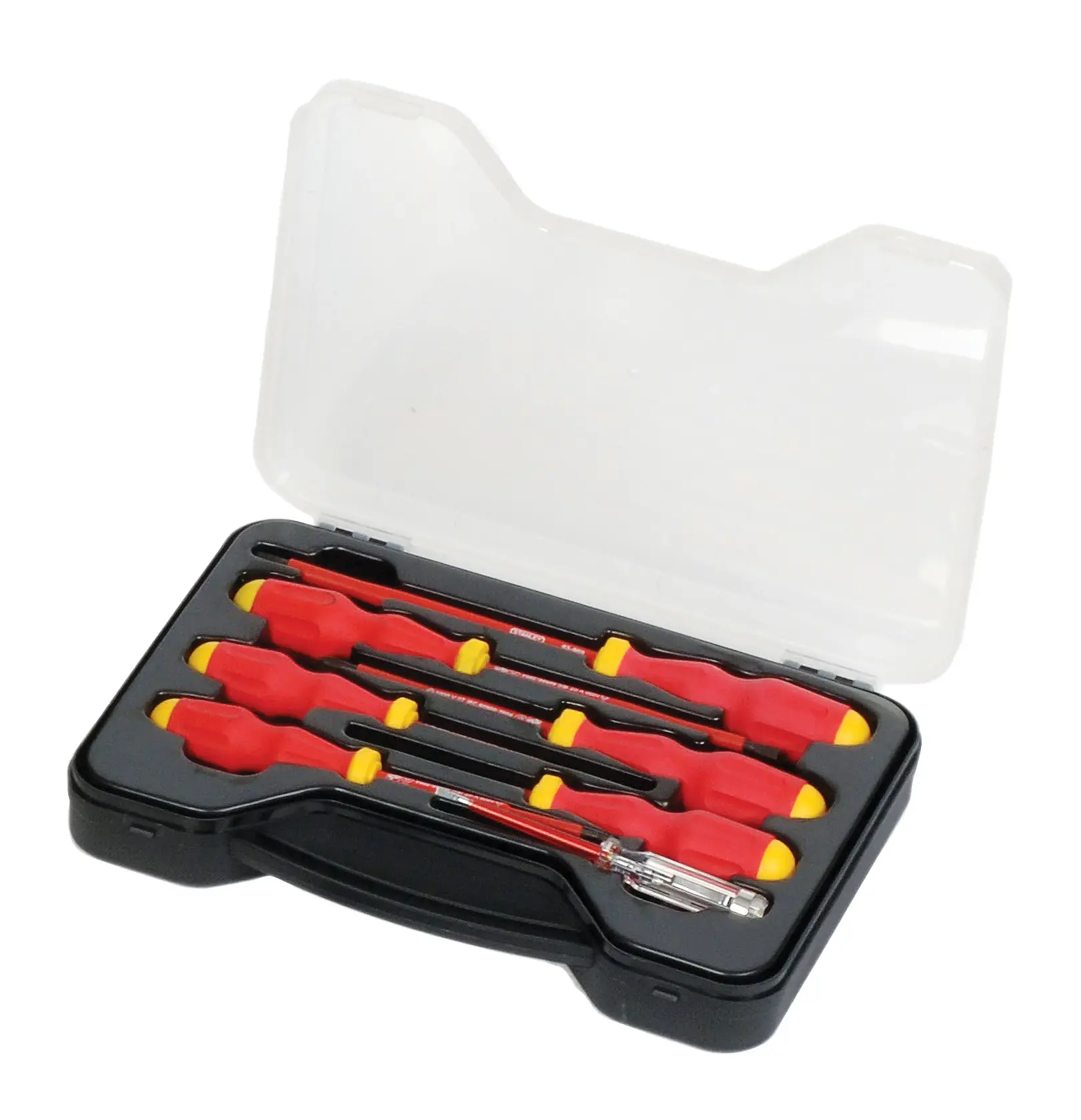 STANLEY 65-980 screwdriver set with red handles in a black plastic case, white background, top angle.