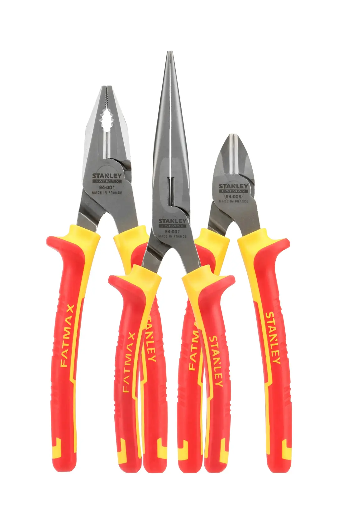 STANLEY 84-011-S pliers set with red and yellow handles, front view, three types of pliers.