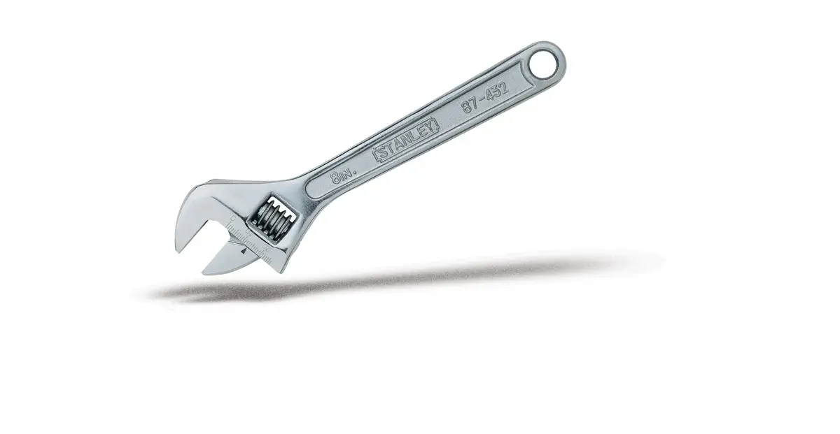 STANLEY 87-432 adjustable wrench, silver steel, photography, side angle, white background.