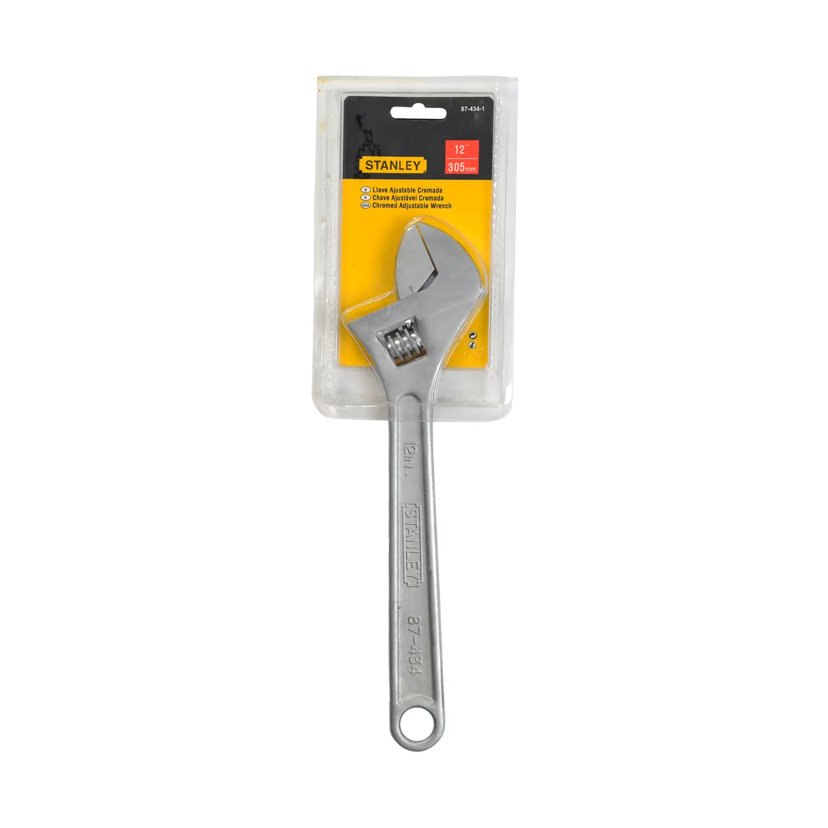 Photo of STANLEY 87-434 adjustable wrench, 12 inch, silver, in retail packaging, front angle.