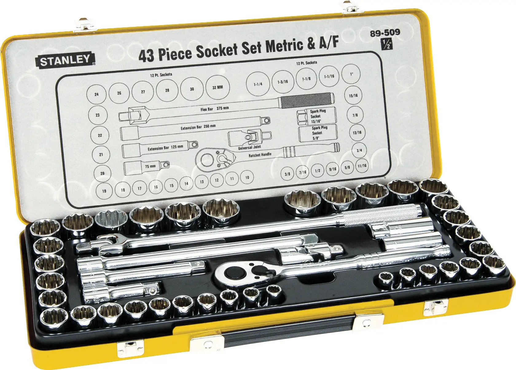 Stanley 43 piece socket set in yellow case, includes sockets, ratchet, extensions, and diagram lid.