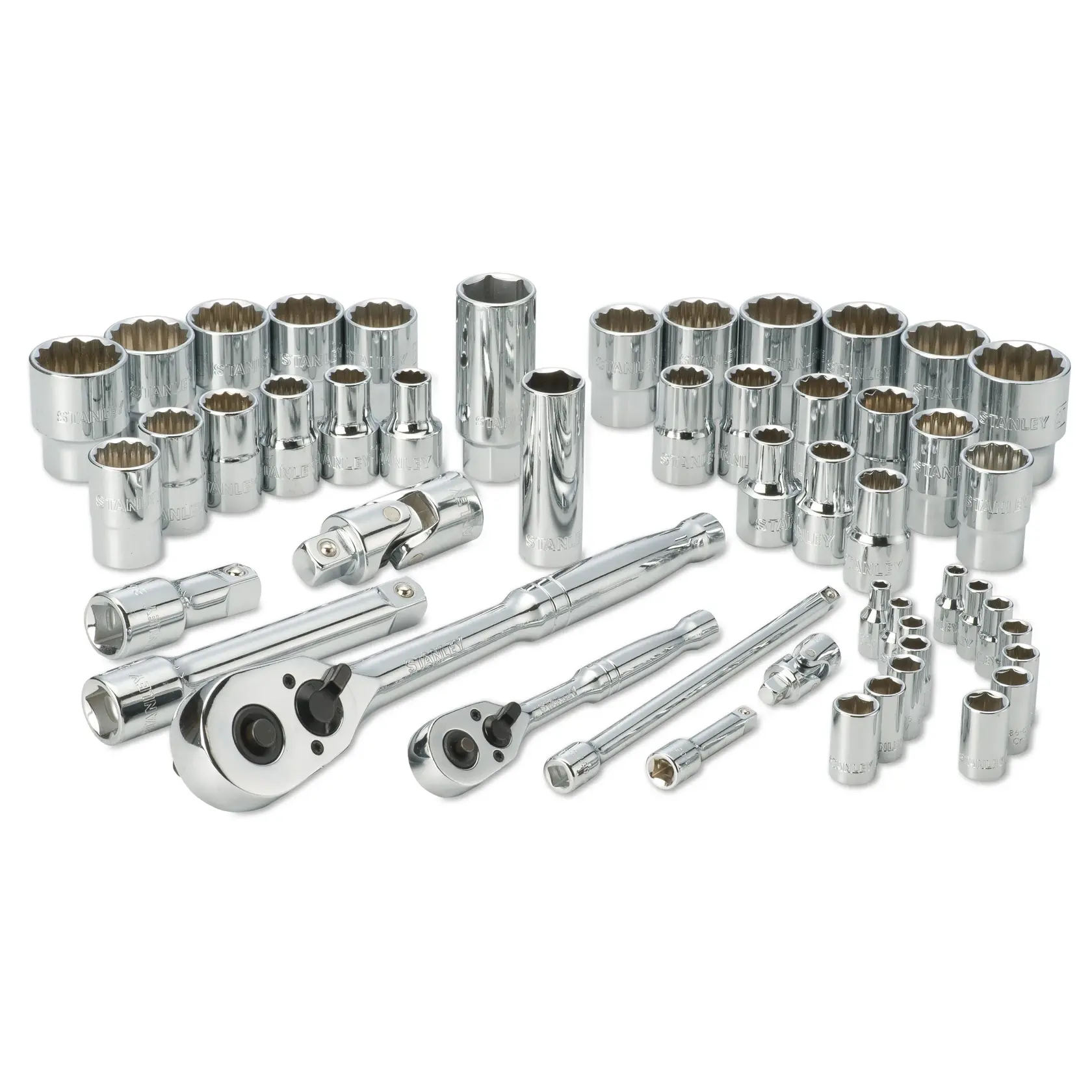 Stanley socket set with ratchet wrenches and multiple chrome sockets arranged on a white surface.