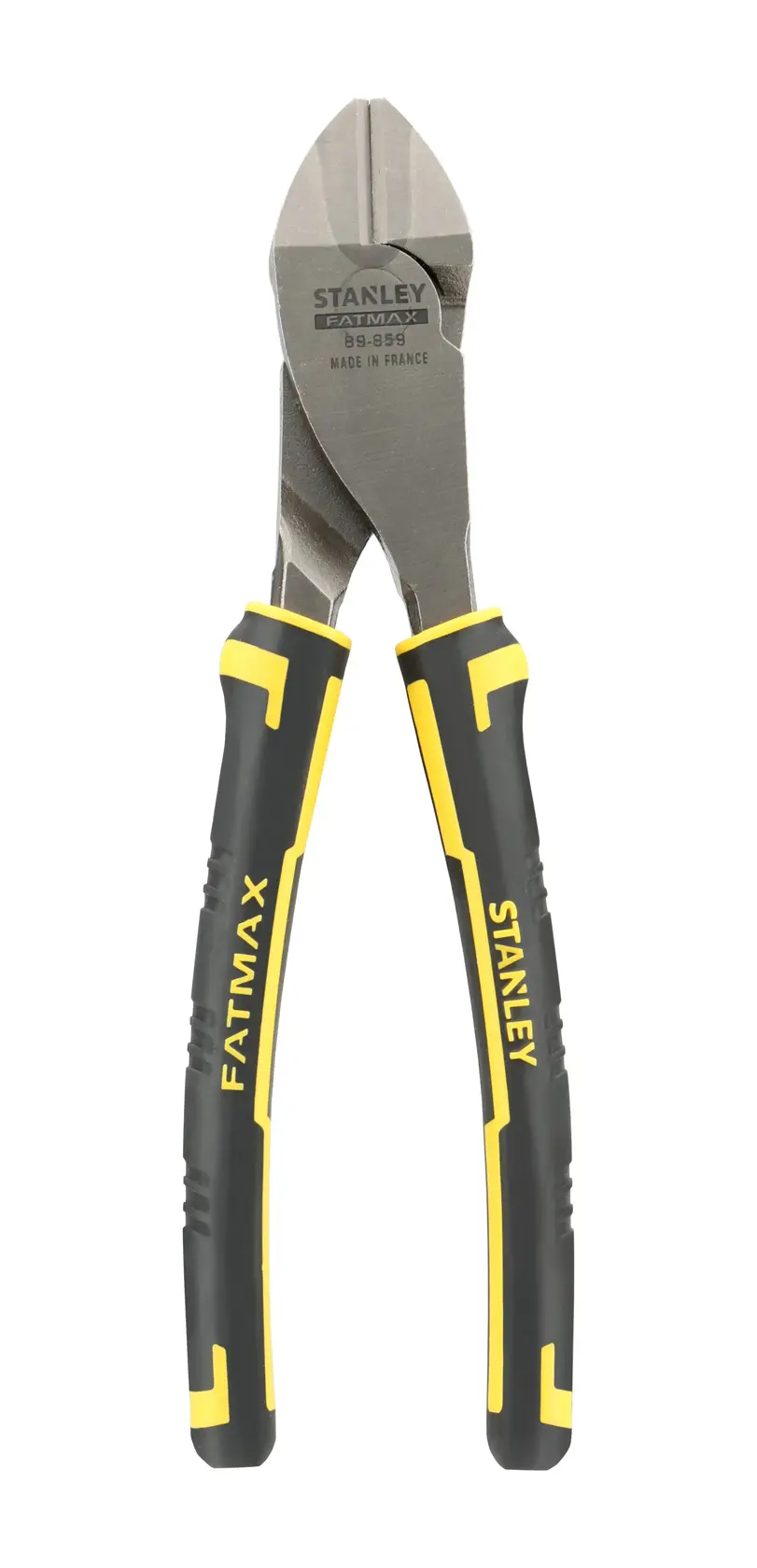 STANLEY 89-859 FATMAX diagonal cutting pliers, black and yellow handles, front angle, white background.