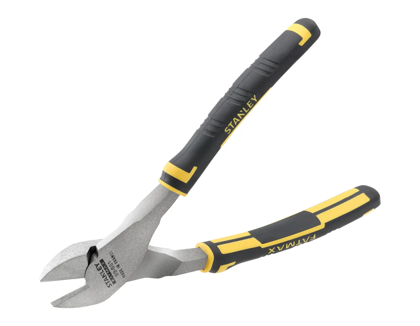 STANLEY 89-861 diagonal cutting pliers with black and yellow handles, white background, side angle.