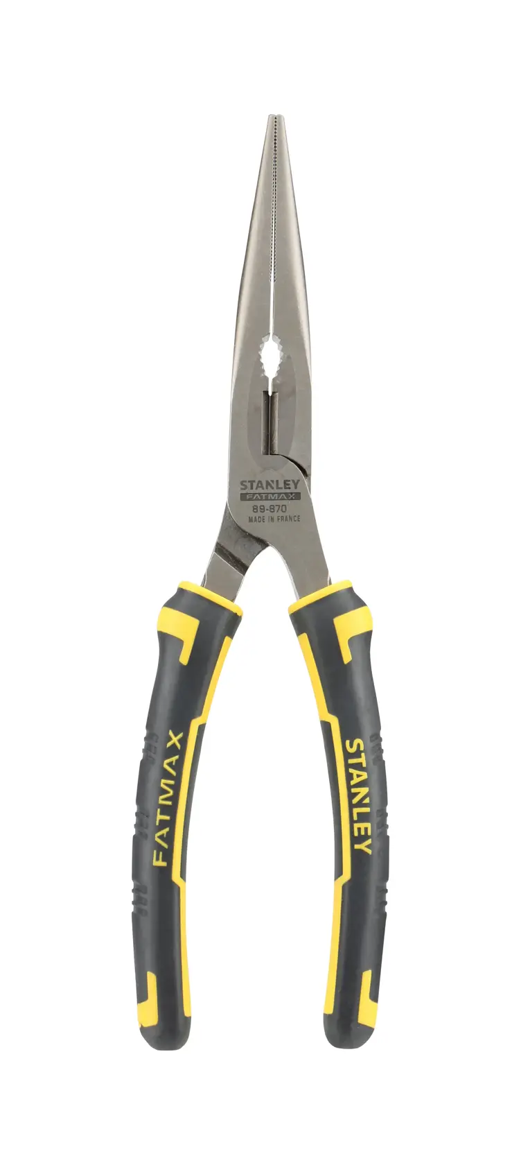 Photo of STANLEY 89-870 long nose pliers with black and yellow handle, front view, on white background.