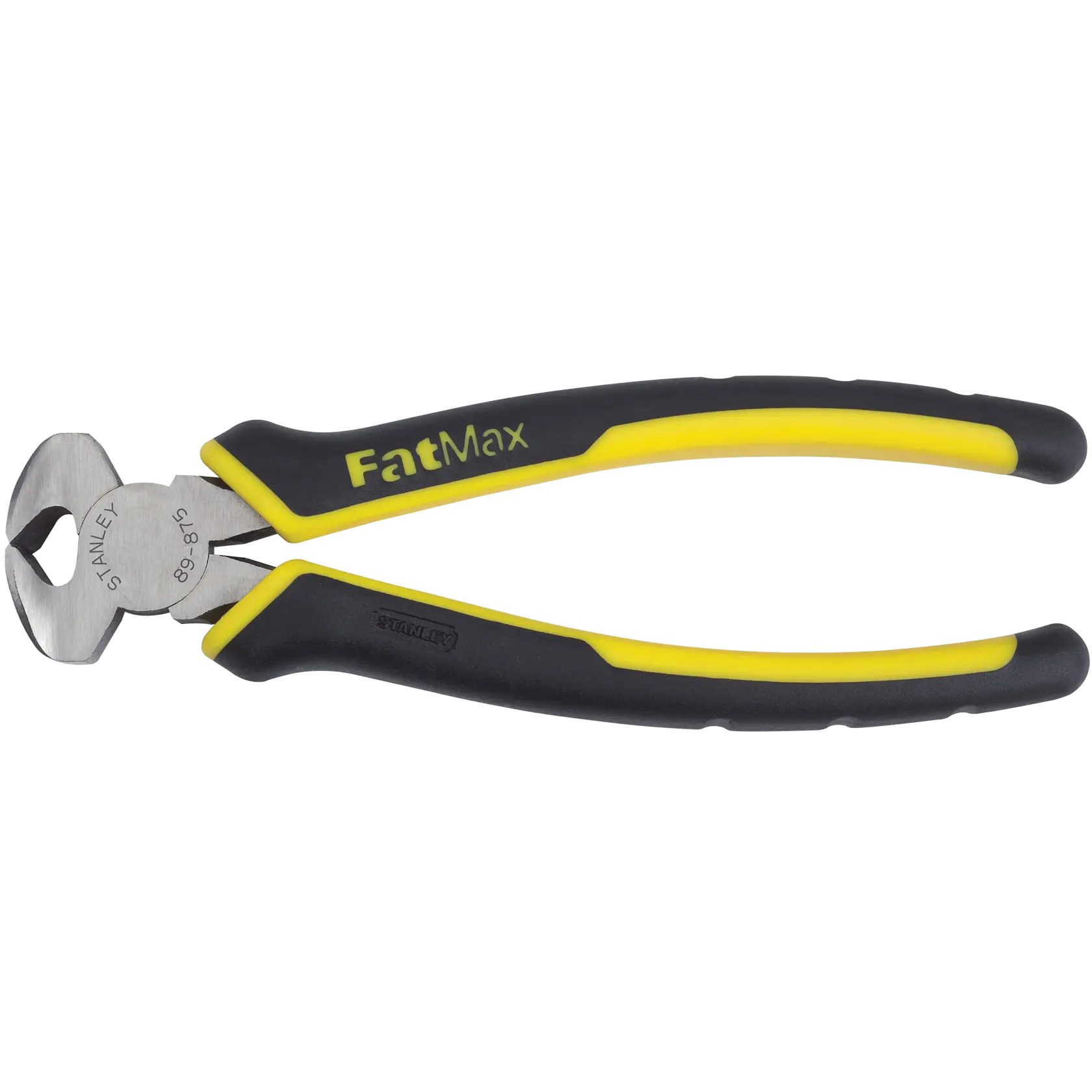 Stanley FatMax end cutting pliers with black and yellow handles, side angle on white background