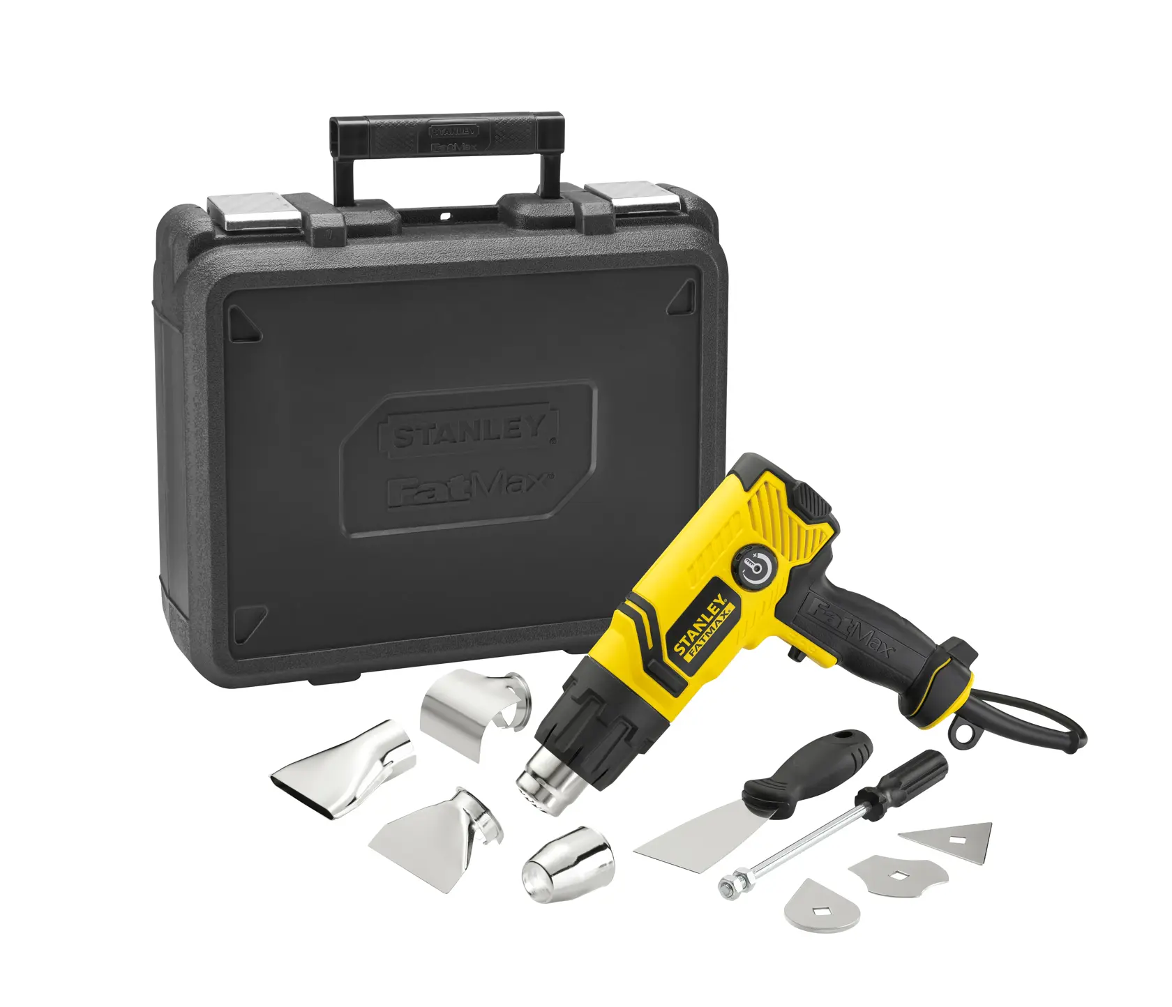 STANLEY FME670K heat gun kit with yellow and black gun, nozzles, accessories, and black carrying case, front angle.