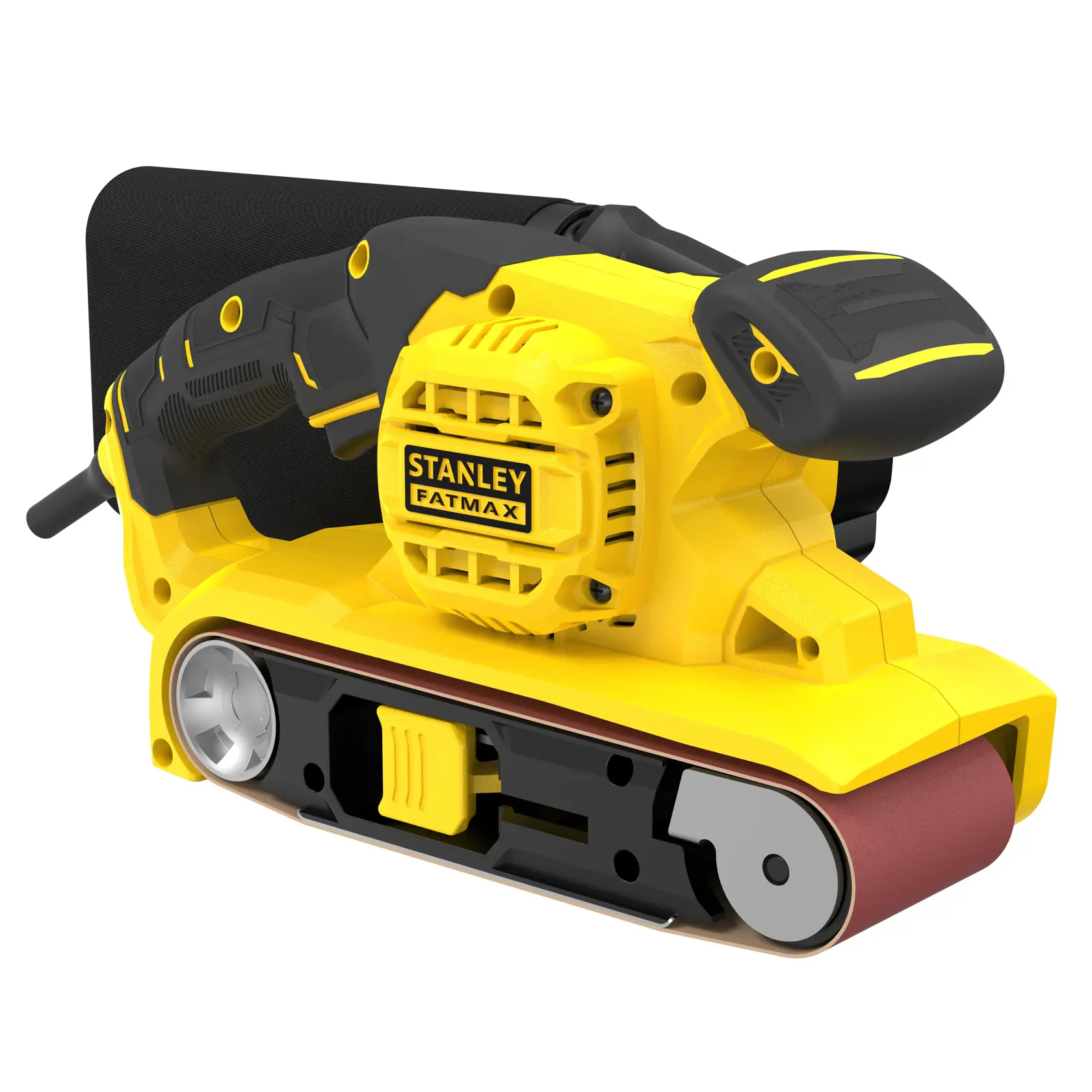 STANLEY FatMax belt sander for photography, SKUs FMEW204K-QS, FMEW204K. Yellow and black design.