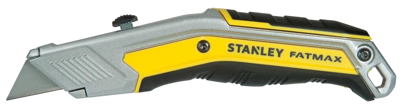 Photo of STANLEY FMHT0-10288 utility knife, silver and yellow, left-side view, FatMax series.