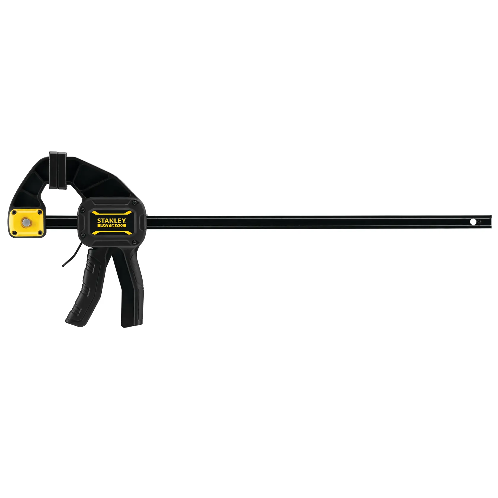 STANLEY FMHT0-83211 photography of black and yellow trigger bar clamp, side angle on white background.