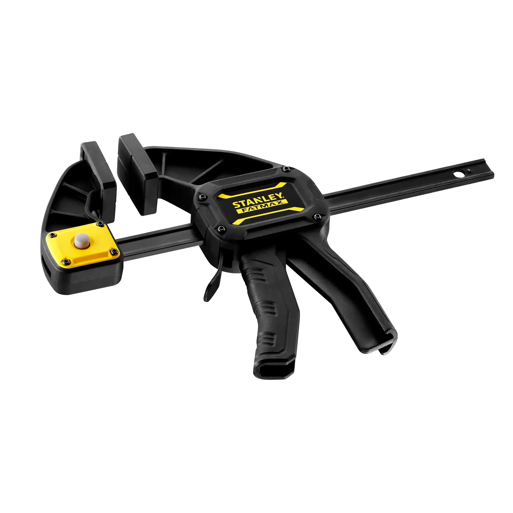 Photo of STANLEY FMHT0-83234 trigger clamp with black and yellow design, side angle, on white background.
