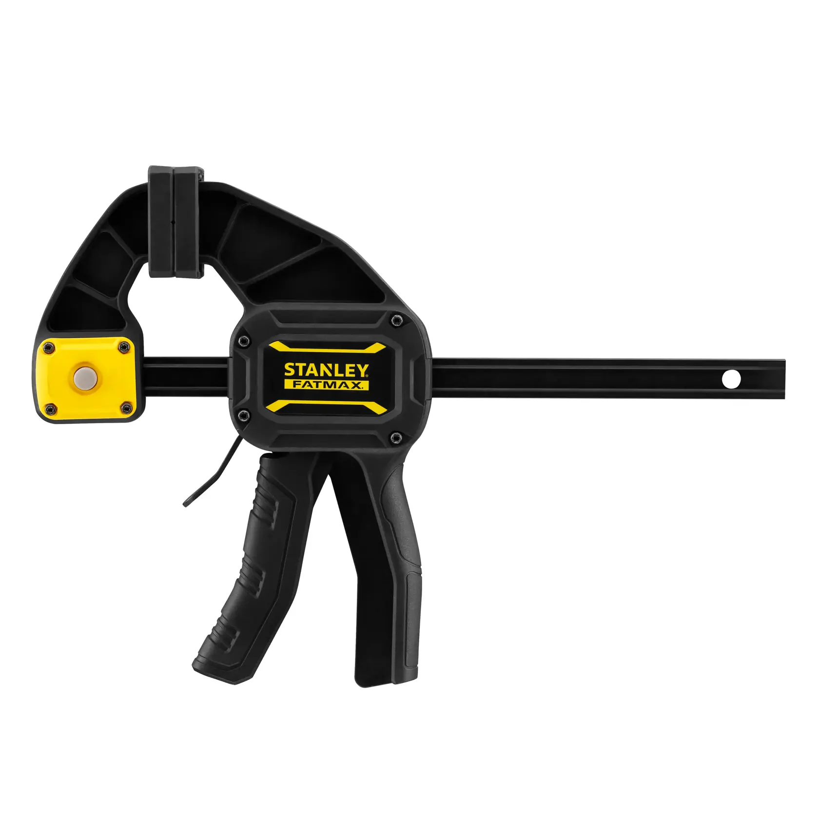 Photo of STANLEY FMHT0-83234 bar clamp with black and yellow design, side angle, on white background.