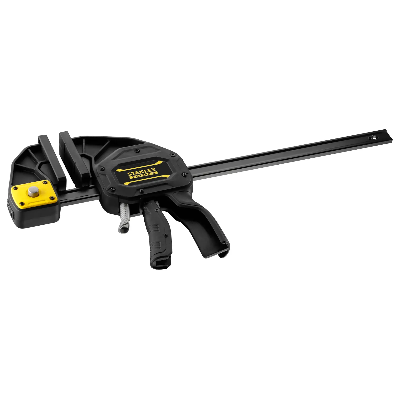 STANLEY FMHT0-83239 black and yellow trigger clamp front angle photo on white background