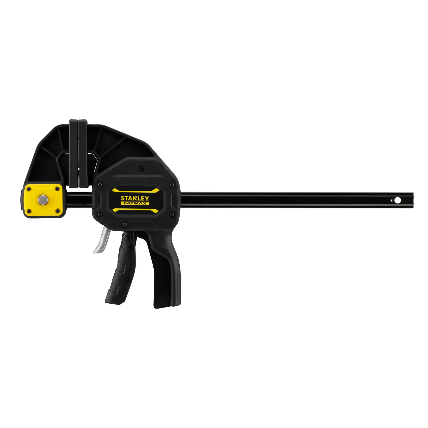 Photo of STANLEY FMHT0-83239 black and yellow trigger clamp, side angle, on white background.