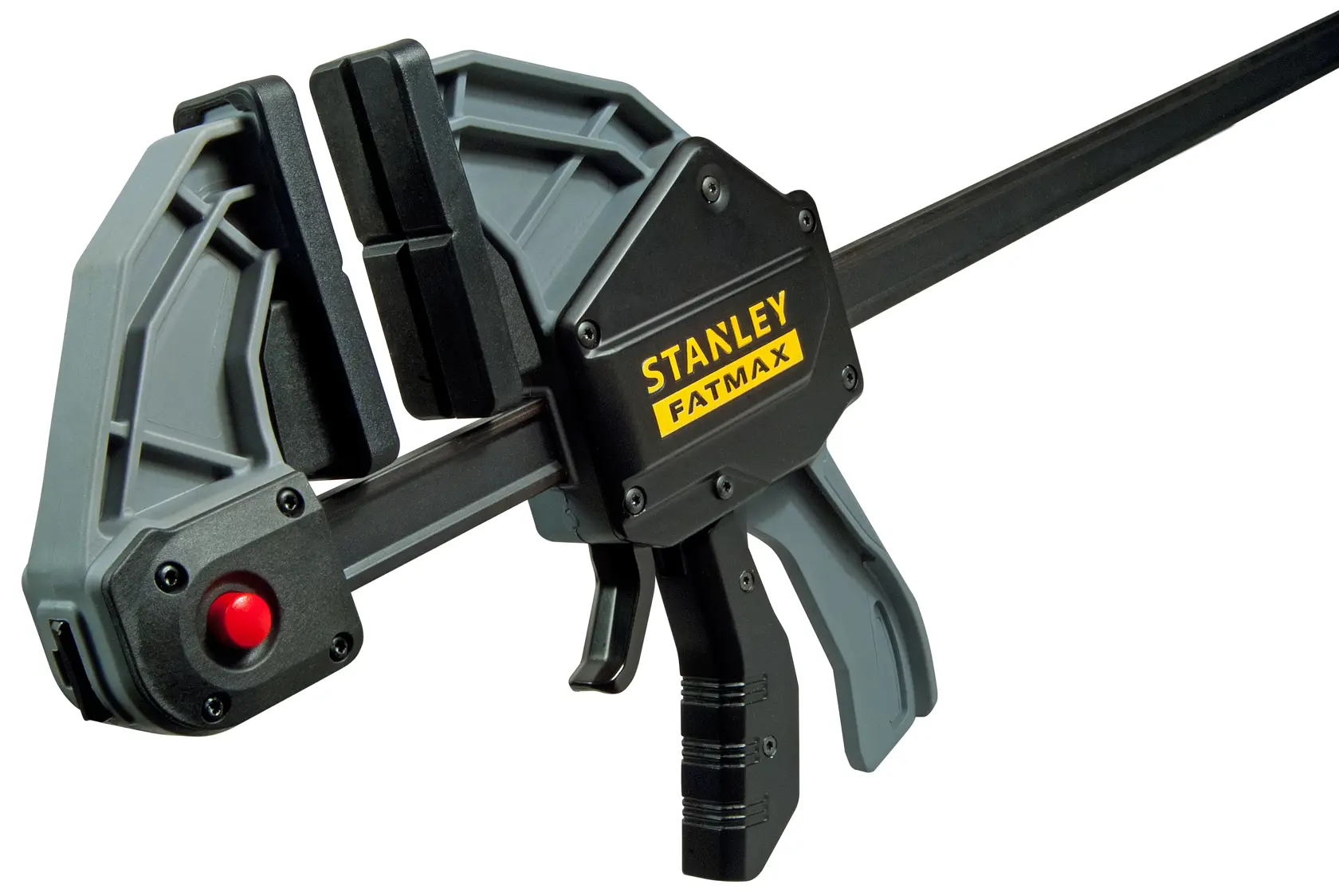 Stanley Fatmax trigger clamp for securing objects, shown with adjustable jaws and ergonomic handle.