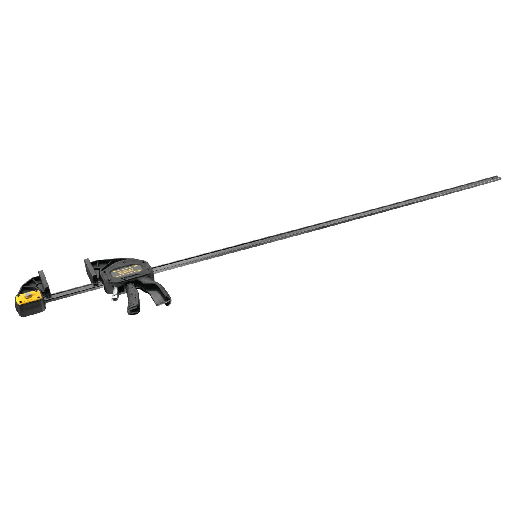 STANLEY FMHT0-83242 bar clamp with black and yellow handle, side angle on white background.