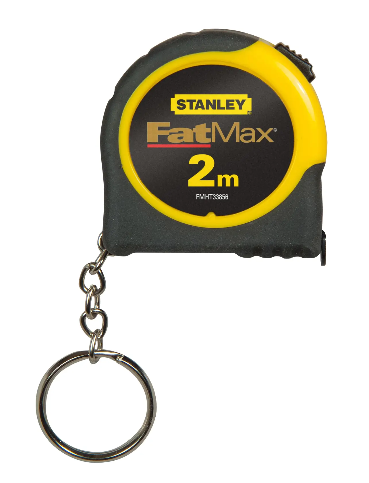 Stanley FatMax tape measure keychain, 2m, yellow and black, FMHT1-33856, FMHT1-33856-KR, front white background.