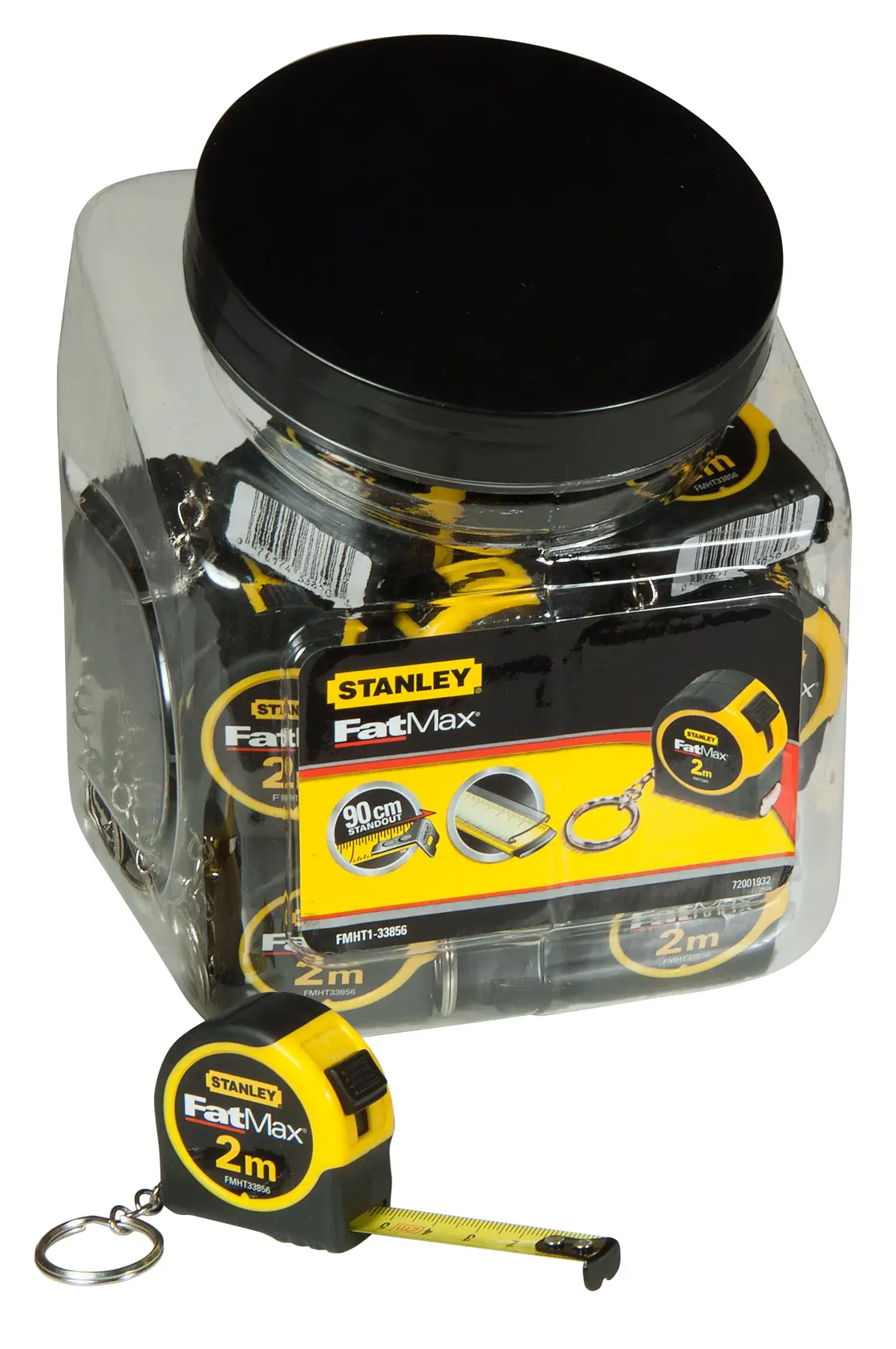 STANLEY FMHT1-33856, FMHT1-33856-KR FatMax tape measure 2m keychain jar, front angle photography.