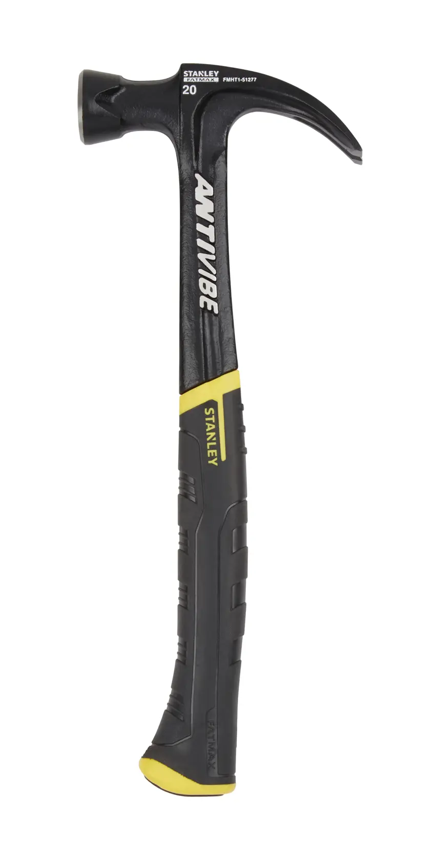 STANLEY FMHT1-51277 claw hammer, black and yellow, side angle, ANTIVIBE handle.