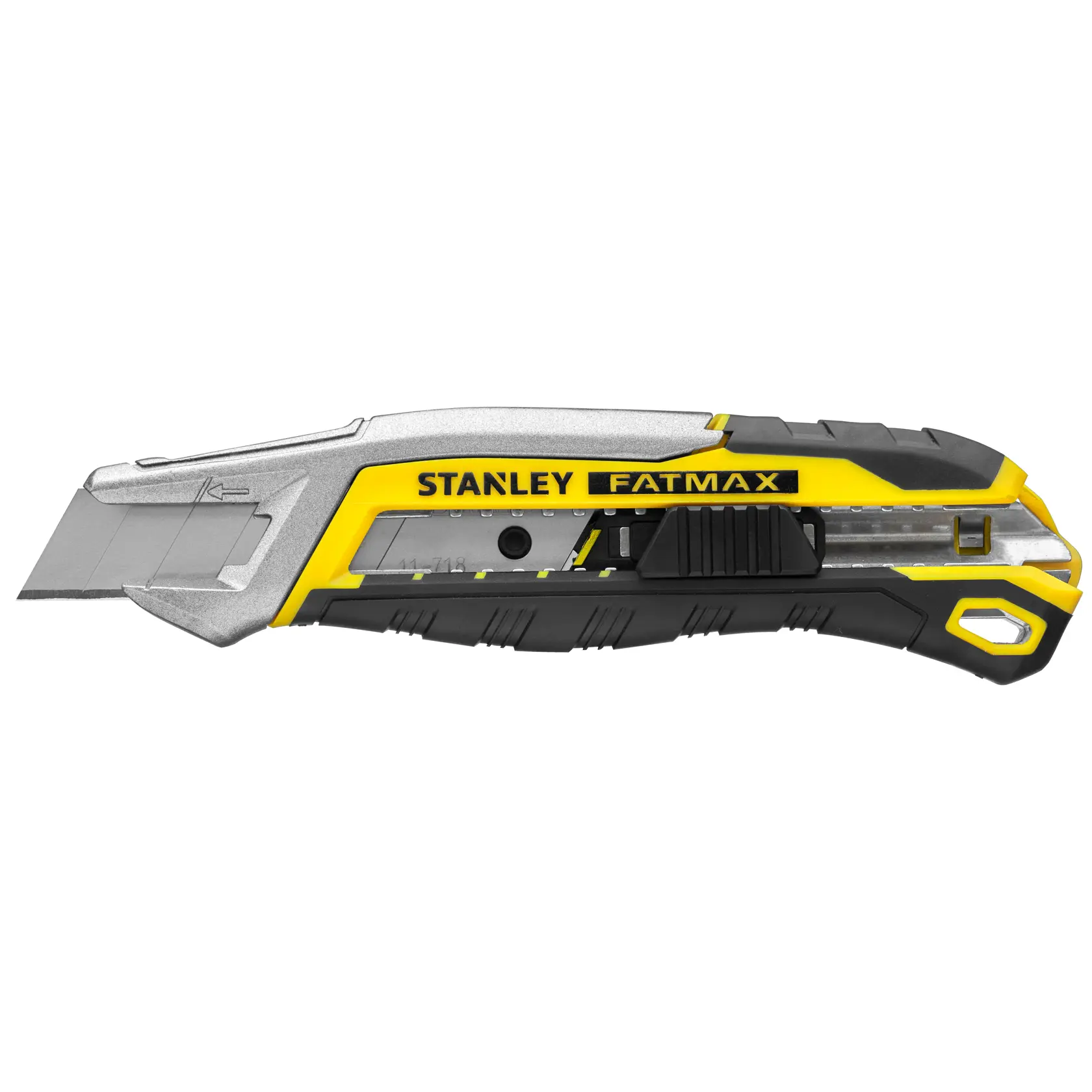 STANLEY FMHT10594-0 utility knife, yellow and black, side view on white background.