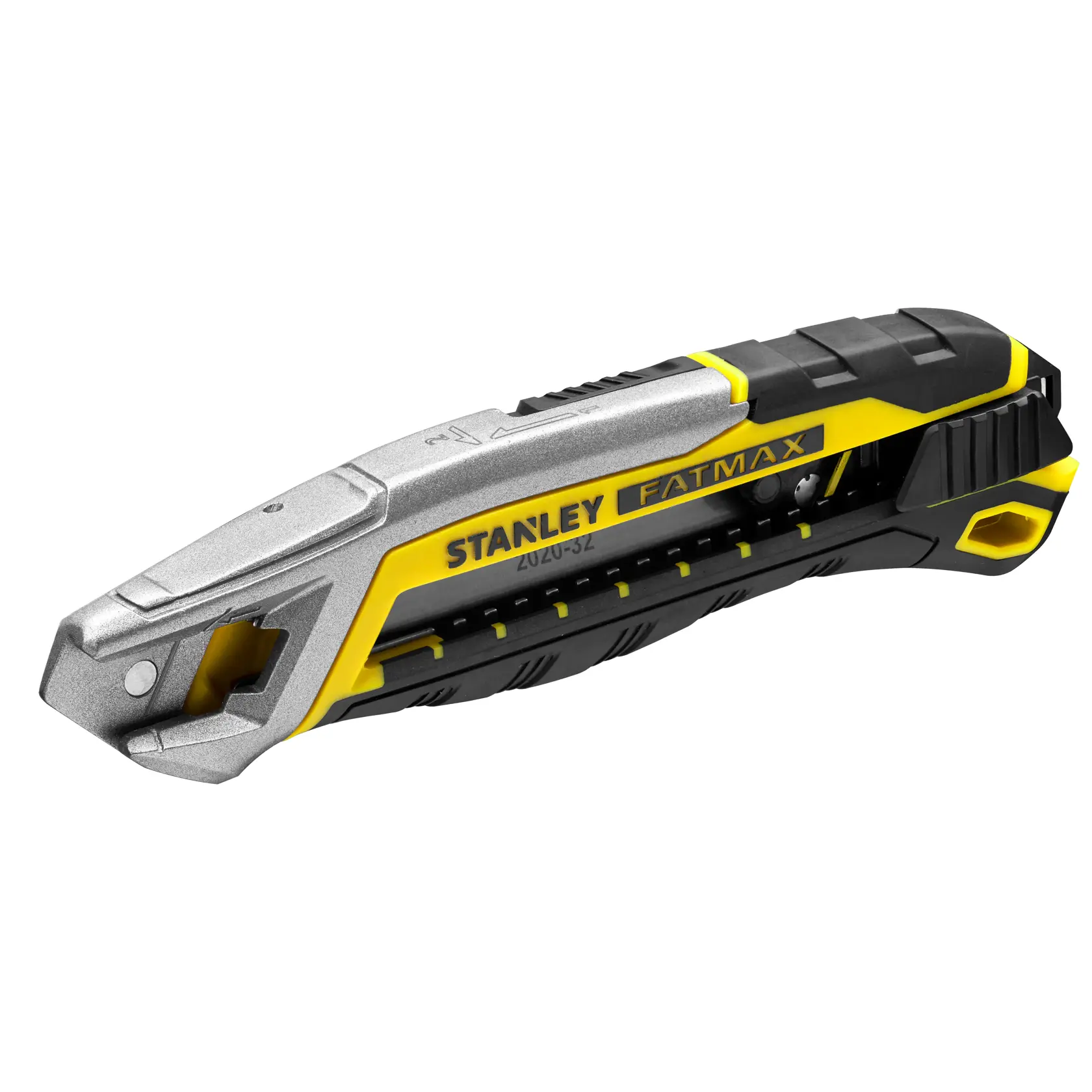STANLEY FMHT10594-0 utility knife, yellow and black, right side view on white background.