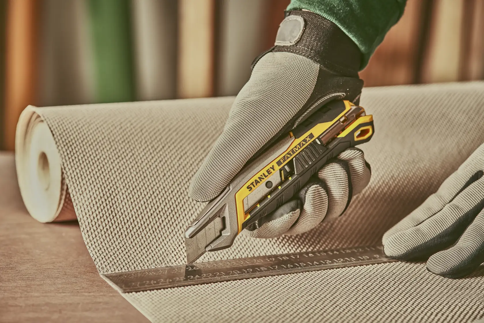 STANLEY FMHT10594-0 utility knife cutting fabric along a ruler, gloved hand visible, close-up photography.